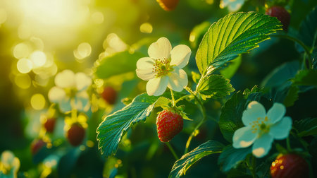 Warm sunset casts a golden glow over a lush strawberry patch, showing delicate white blooms and vibrant green leaves amid tranquil garden serenity.の写真素材