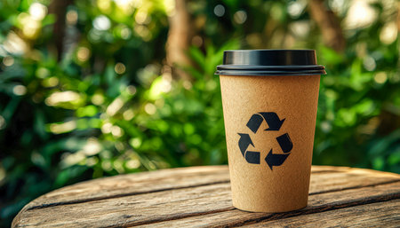 An eco-friendly takeaway mug with a recycling emblem rests on a rustic wooden surface amid lush greenery, evoking sustainability and outdoor relaxatioの写真素材