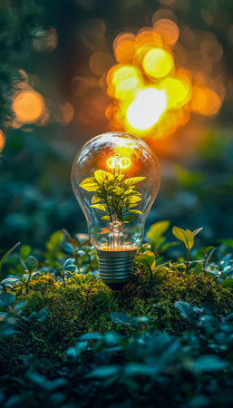 A glowing filament encasing a vibrant green sprout, blending ingenuity and sustainability in a...