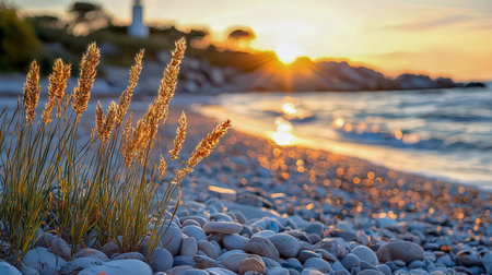 Vibrant sunset casts warm glow over rugged shoreline, delicate sea oats sway in gentle breeze,...