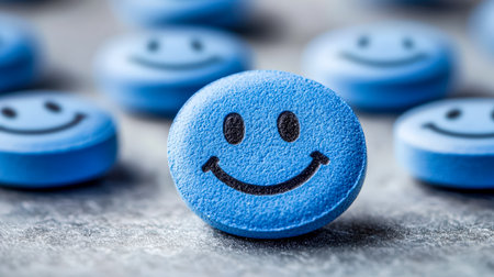 Bright blue pills with cheerful facial features are scattered on a surface, creating a joyful, playful mood suitable for health and wellness themes.の写真素材
