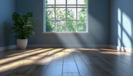 Warm natural light floods a minimalistic, airy space highlighting the lush green foliage of a solitary potted plant resting on the floor.の写真素材