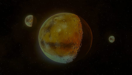 A surreal portrayal of a glowing moon surrounded by vibrant cosmic nebulae, with two far-off planets...