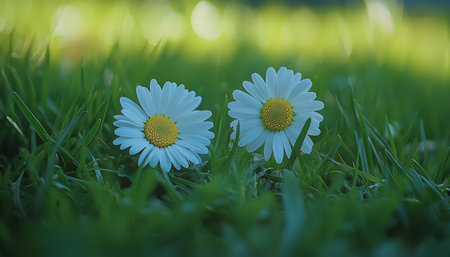 Bright daisies opening in a lush green meadow basking in warm sunlight, capturing nature's simple elegance and vibrant springtime mood.の写真素材