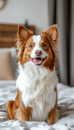 A cheerful dog with brown and white fur relaxes comfortably on a soft bed amidst warmth, inviting...