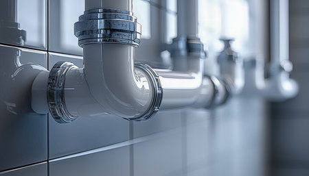 Steel conduit and valves arranged neatly against a sleek, high-tech wall, highlighting industrial...