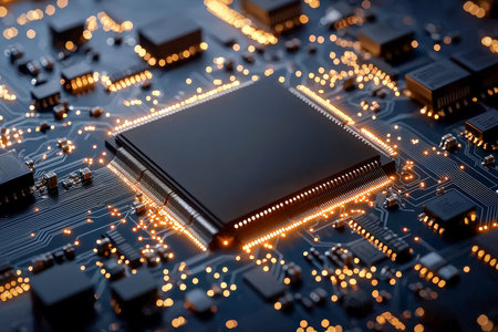 A detailed shot of a sleek microprocessor embedded in a vibrant circuit, illuminated by bright,...
