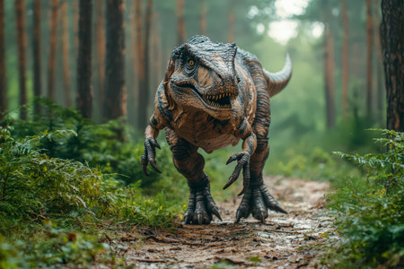 A detailed depiction of a prehistoric creature ambling along vibrant green woodland, evoking a sense of ancient wildlife in a thriving natural settingの写真素材