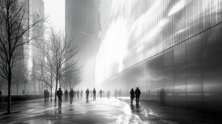 Silhouettes of pedestrians navigating a misty urban street amid sleek skyscrapers and barren trees,...