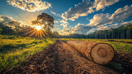 Warm orange hues cascade across a wooded clearing, revealing freshly cut logs amid towering trees as the day's gentle light fades into dusk.の写真素材