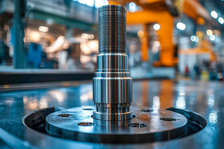A detailed view of a finely crafted metal part on an assembly line, highlighting precision craftsmanship in a sleek, high-tech industrial setting.の写真素材