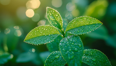 Vibrant dewdrops cling to lush green foliage, set against a dreamy, blurred backdrop that highlights freshness and serenity.の写真素材