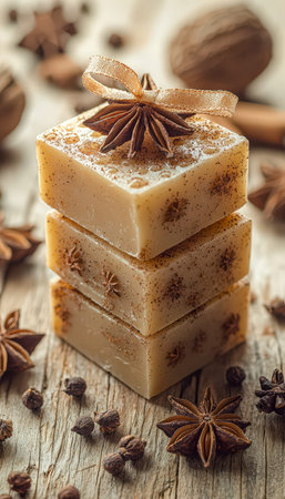 Three smooth, light-colored soap blocks garnished with star anise and cinnamon sticks, arranged on weathered wood surrounded by aromatic spices.の写真素材