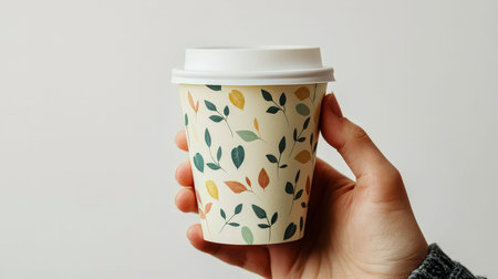 Close-up of a human hand grasping a biodegradable cup adorned with nature-inspired leaf...