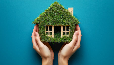 Close-up of human hands gently cradling a tiny eco-friendly home with a lush grass roof, set against a vivid blue backdrop.の写真素材