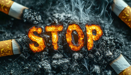 Glowing cigarette remnants arranged on ashcrafts a quiet plea for awareness amidst flickering embers and delicate ash details.の写真素材