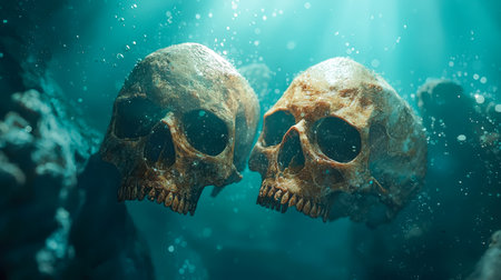 Mysterious scene featuring two bleached skulls submerged in deep, murky waters, evoking a haunting aura in an otherworldly aquatic setting.の写真素材