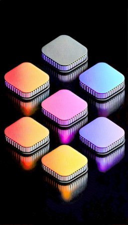 Vibrant led cubes in various hues, layered in a modern stack, glowing against a dark background, creating a striking, futuristic ambiance.の写真素材