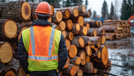 A rugged worker examines a neat row of timber at a forest yard, capturing focus and dedication amid...
