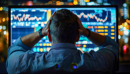 A focused man studies fluctuating market graphs illuminated by screen glow in a dark room, embodying late-night financial analysis and concentration.の写真素材