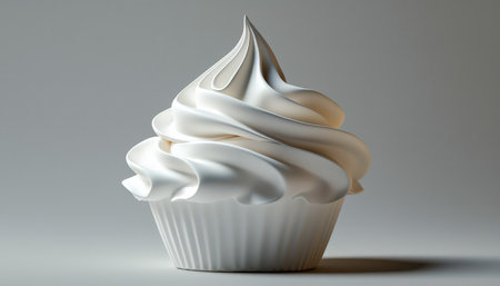 A delightful cupcake topped with lavish vanilla frosting in a perfect swirl, set against a simple, uncluttered backdrop, evoking sweetness and eleganceの写真素材