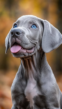 A charming gray puppy with striking blue eyes and a playful pink tongue sits amidst fall foliage, exuding innocence and warmth in an outdoor setting.の写真素材
