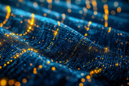 Dynamic flow of luminous blue and amber photons weaving through a dark digital landscape, evoking high-tech energy and futuristic connectivity.の写真素材