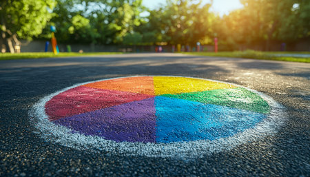 Vibrant rainbow-colored circle crafted with chalk, resting on park pavement surrounded by lush...