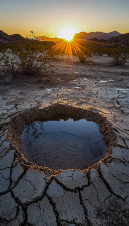 A golden sunset hues the arid expanse, reflecting in a solitary water hole amid parched, jagged earth patterns and a vast, empty horizon.の写真素材
