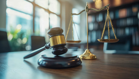 An eye-catching arrangement of a wooden gavel and balanced scales of justice on a law office desk,...