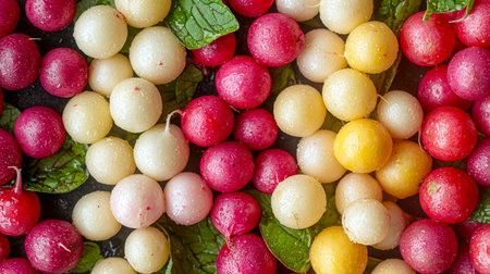 Vibrant spherical ornaments intertwined with fresh green leaves, capturing a lively and festive atmosphere perfect for celebrating or decorative themeの写真素材