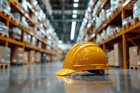 A vibrant yellow helmet resting on a busy warehouse floor, highlighting industrial safety and...