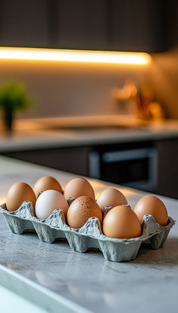 A close-up of a cardboard egg carton filled with newly laid farm eggs, resting on a rustic kitchen...