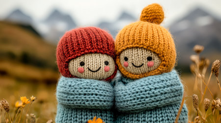 Adorable handmade yarn figures with cheerful smiles wearing bright hats, set against a picturesque...