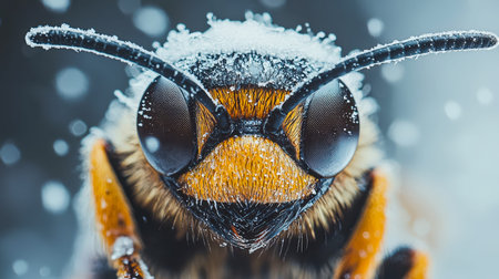 Detailed macro capturing a bee's expressive face shimmering with dew and icy frost on delicate...