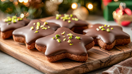 Festive star cookies with glossy chocolate coating and green pistachio bits arranged on a rustic wooden tray, perfect for holiday gatherings.の写真素材