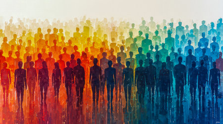 A vibrant assembly of individuals forming dynamic shapes in a lively, artistic style, radiating diversity, unity, and positive energy for creative proの写真素材