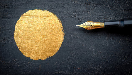 Elegant shimmering gold ink sweep against a rough dark surface, perfect for adding a luxurious touch to calligraphy or creative artwork.の写真素材