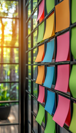 Vibrant adhesive notes are arranged on a sleek black grid, brightening a lively workspace designed...