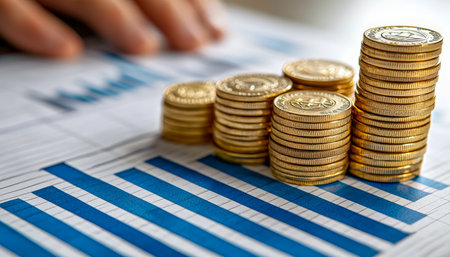 A close-up of rising coin towers over an upward-trending graph, with a person's hand indicating financial growth and investment success.の写真素材