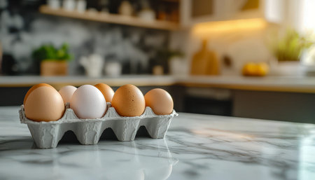 A close-up of a carton filled with speckled and plain eggs, resting on a polished marble surface,...
