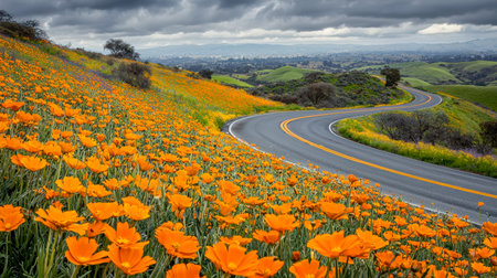 A scenic rural path curves through a sea of fiery orange blooms on gentle hills, beneath a brooding,...