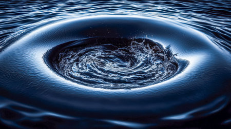 A detailed shot captures a spiraling whirlpool in deep blue water, evoking a sense of movement,...