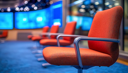 Sleek red office chairs line a contemporary meeting space, creating an energetic atmosphere ideal...