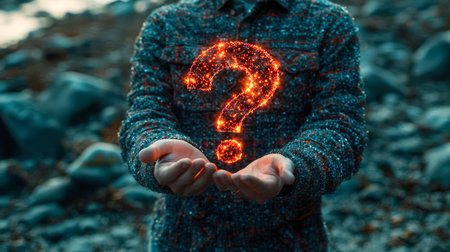 A person cradles a luminous question symbol amid rugged natural surroundings, evoking curiosity, discovery, and outdoor resilience.の写真素材