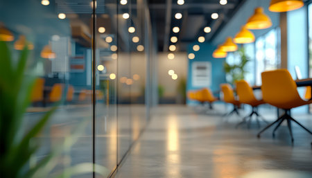 A sleek, contemporary meeting space featuring cheerful yellow seating, subtle wood accents, and cozy illumination perfect for collaborative discussionの写真素材