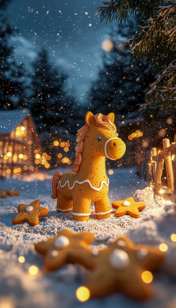 A decorated gingerbread horse amid colorful cookies and glowing holiday lights, set against a snowy winter landscape for warm festive cheer.の写真素材