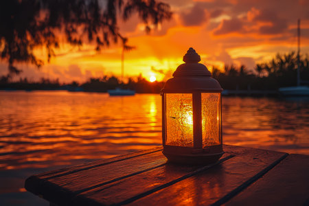 A tranquil lakeside scene bathed in warm hues, featuring a glowing lantern on a rustic dock, evoking...