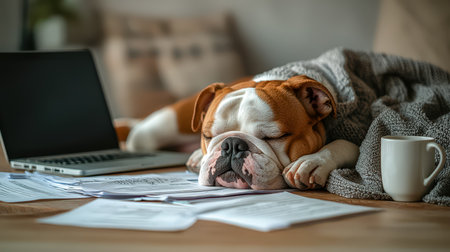 A cozy scene with a dog peacefully dozing amidst work papers and a laptop, creating a relaxed, productive ambiance in a home office setting.の写真素材