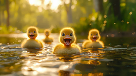 Young ducklings drift across shimmered water, bathed in golden evening light, creating a tranquil scene full of warmth and innocence.の写真素材